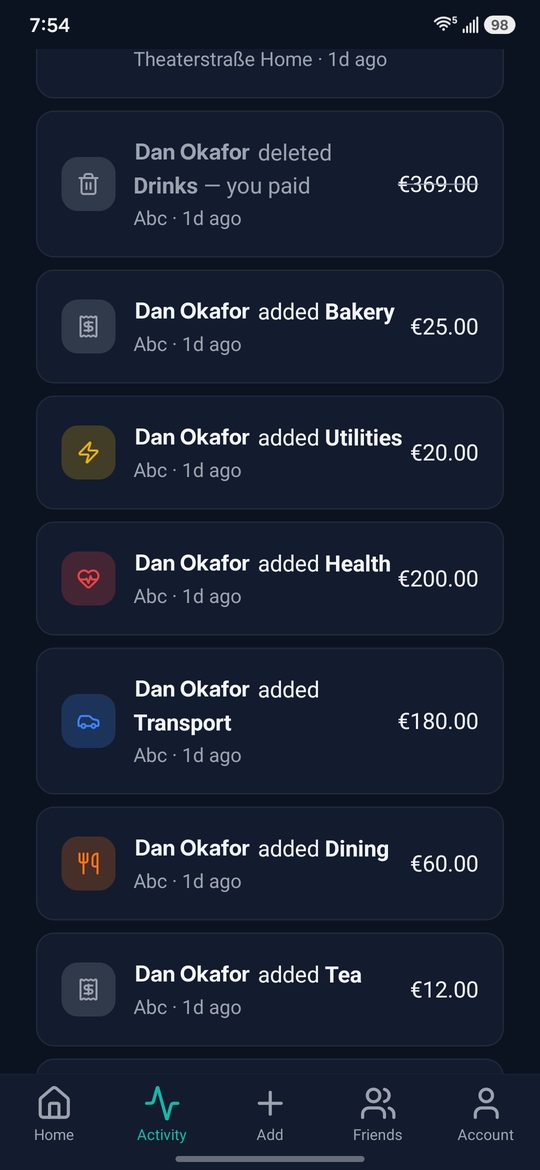The activity feed listing expenses added and deleted across every group, each with the person's name, the amount and how long ago it happened.