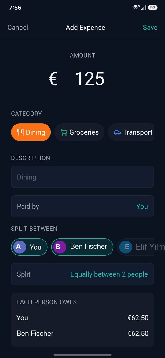 The add expense screen with an amount of 125 euro, the Dining category already selected, and each person's share worked out below.