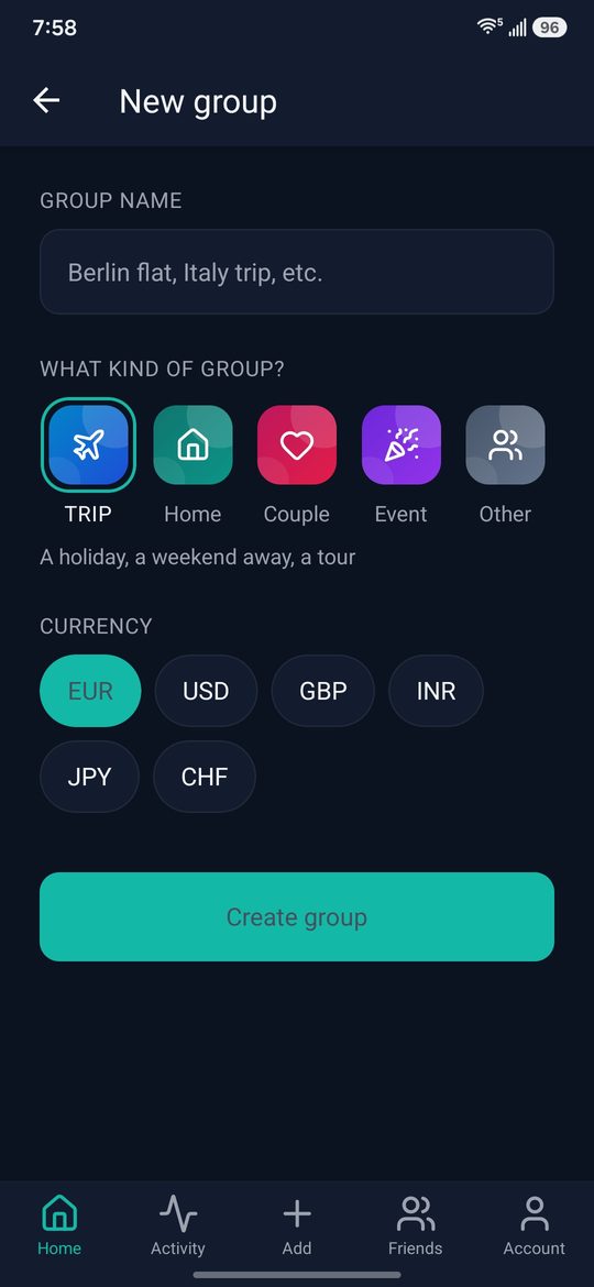 The new group screen with five group types to choose from, each with its own coloured cover: trip, home, couple, event and other.