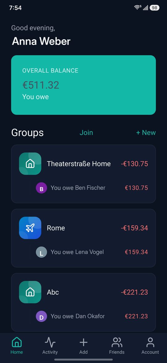The DiviSum home screen showing an overall balance and three groups, each listing who owes whom.