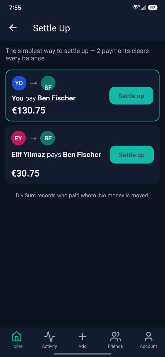 The settle up screen explaining that two payments clear every balance in the group, with a settle button beside each one.